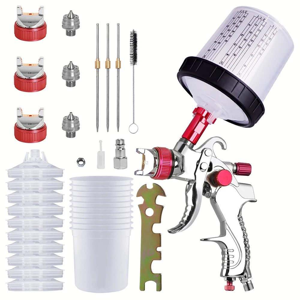 HVLP Spay Gun 1.4/1.7/2.0mm Nozzle Gravity Airbrush For Car Painting Tool 10pcs 600ml No Clean Disposable Measuring Cup