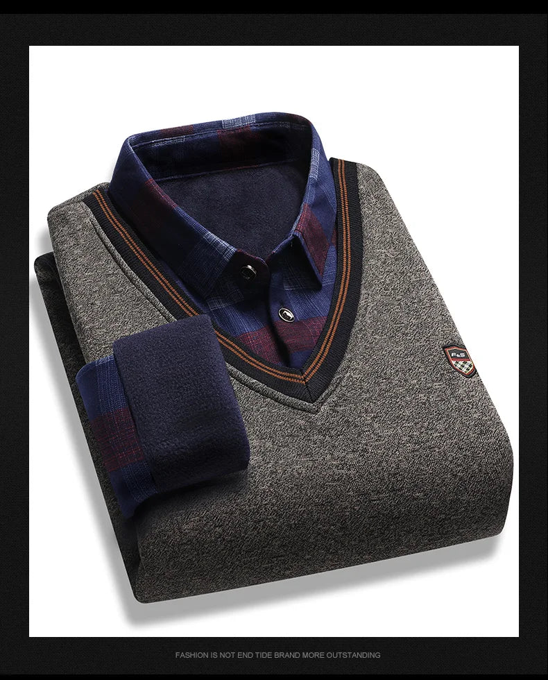 Vintage Plaid Sweater Pullover Men Thick Warm Knitwear Winter Autumn Clothing Patchwork Men's Fleeced Polo Collar Pullovers