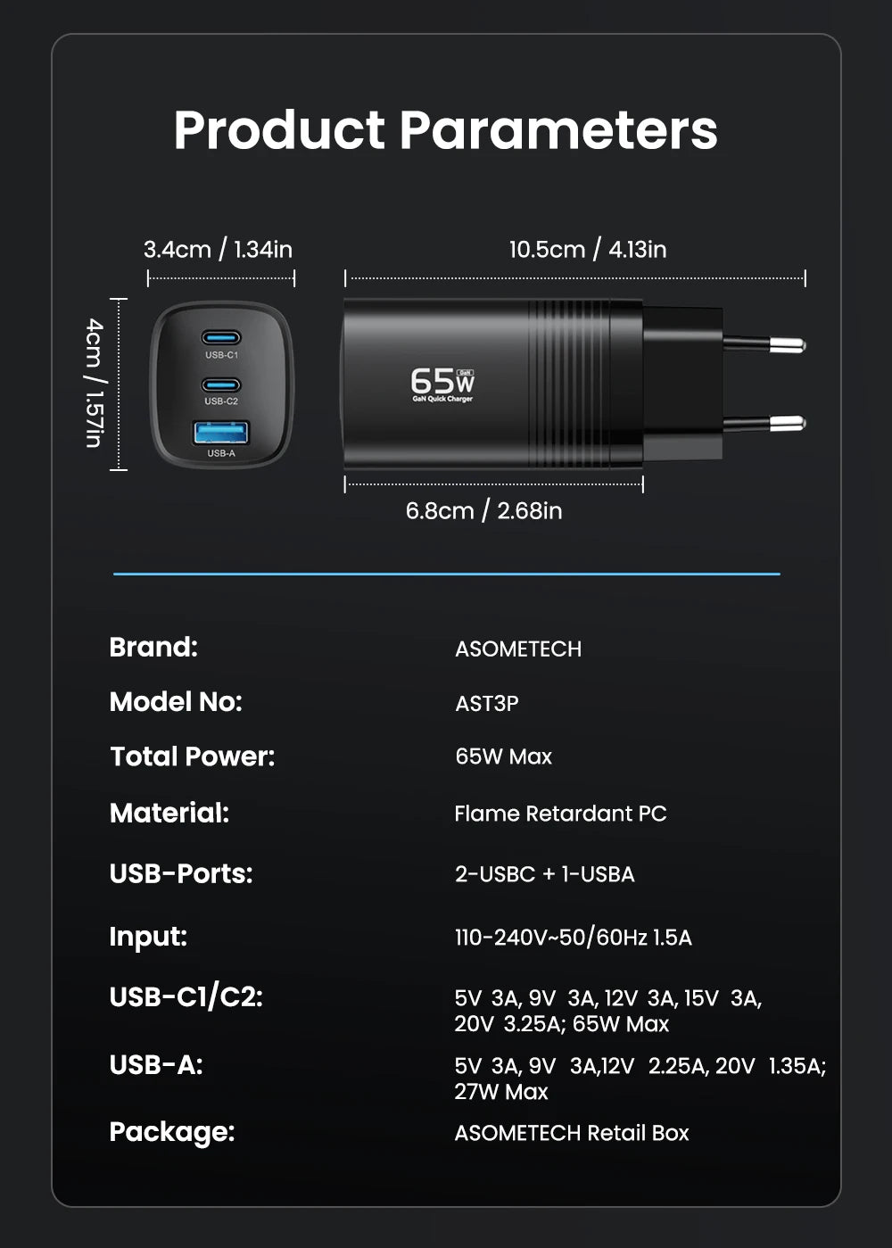 ASOMETECH GaN USB Type C Charger 65W 45W PPS PD QC4.0 Quick Charger For Macbook Laptop IPAD Tablet iPhone 16 Samsung S23 Ultra