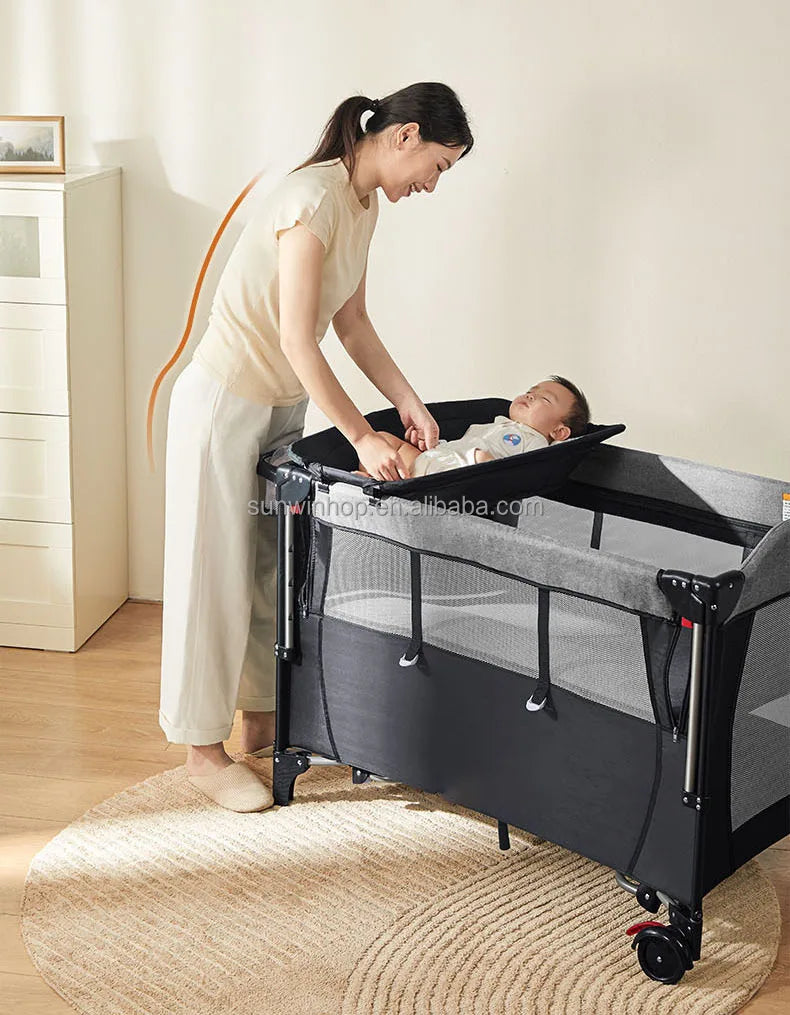 European EN Standard High Quality Foldable Multifunctional Baby Playpen Bedside Crib Sleeping Crib Drop Side Travel Cot Baby Bed
