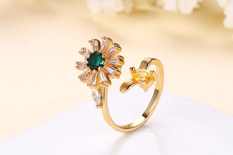 Rotating Sunflower Rings for Women Anti Anxiety Stainless Steel Ring Birthday Wedding Luxury Jewelry Gifts Adjustable Ring