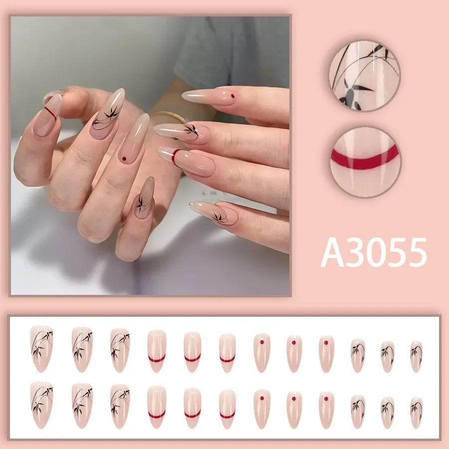 Watercolor Rose Fake Nail with Jelly sticker Press on False Nails Wearable Round Head Oval Full Cover Nail Tips