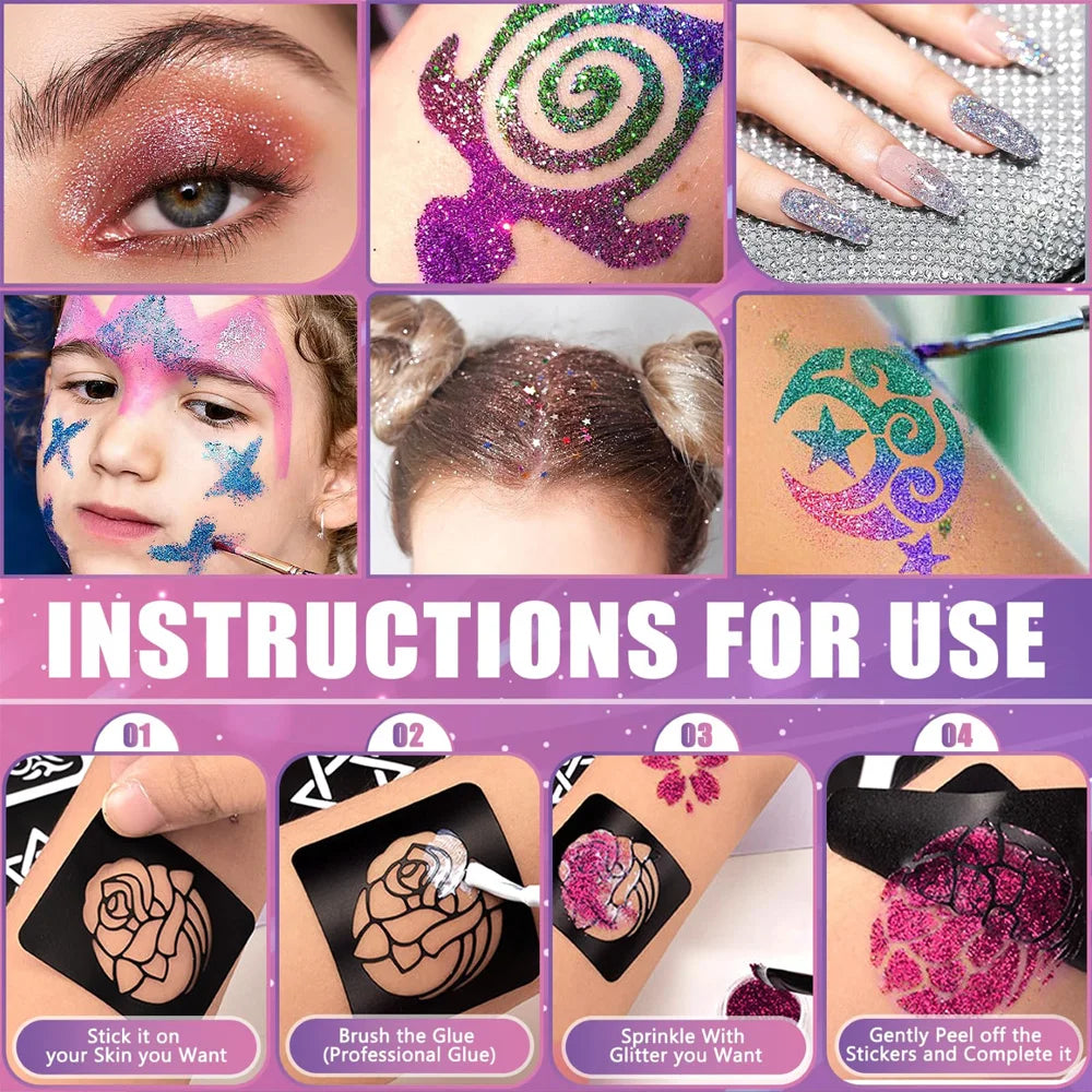 12 Color Temporary Glitter Tattoo Kit for Kid with 24 Stencils Adults Girls Boys Arts Glitter Make Up Kit Beautiful Holiday Gift