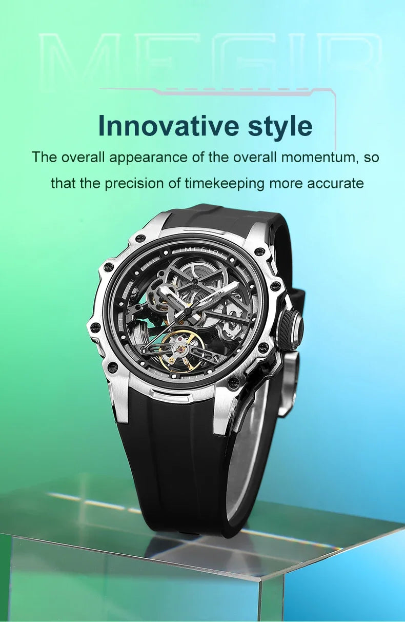 MEGIR Automatic Mechanical Luxury Watch Men Top Brand Stainless Steel 43mm Dial Watch Luminous Waterproof Men's Wristwatch