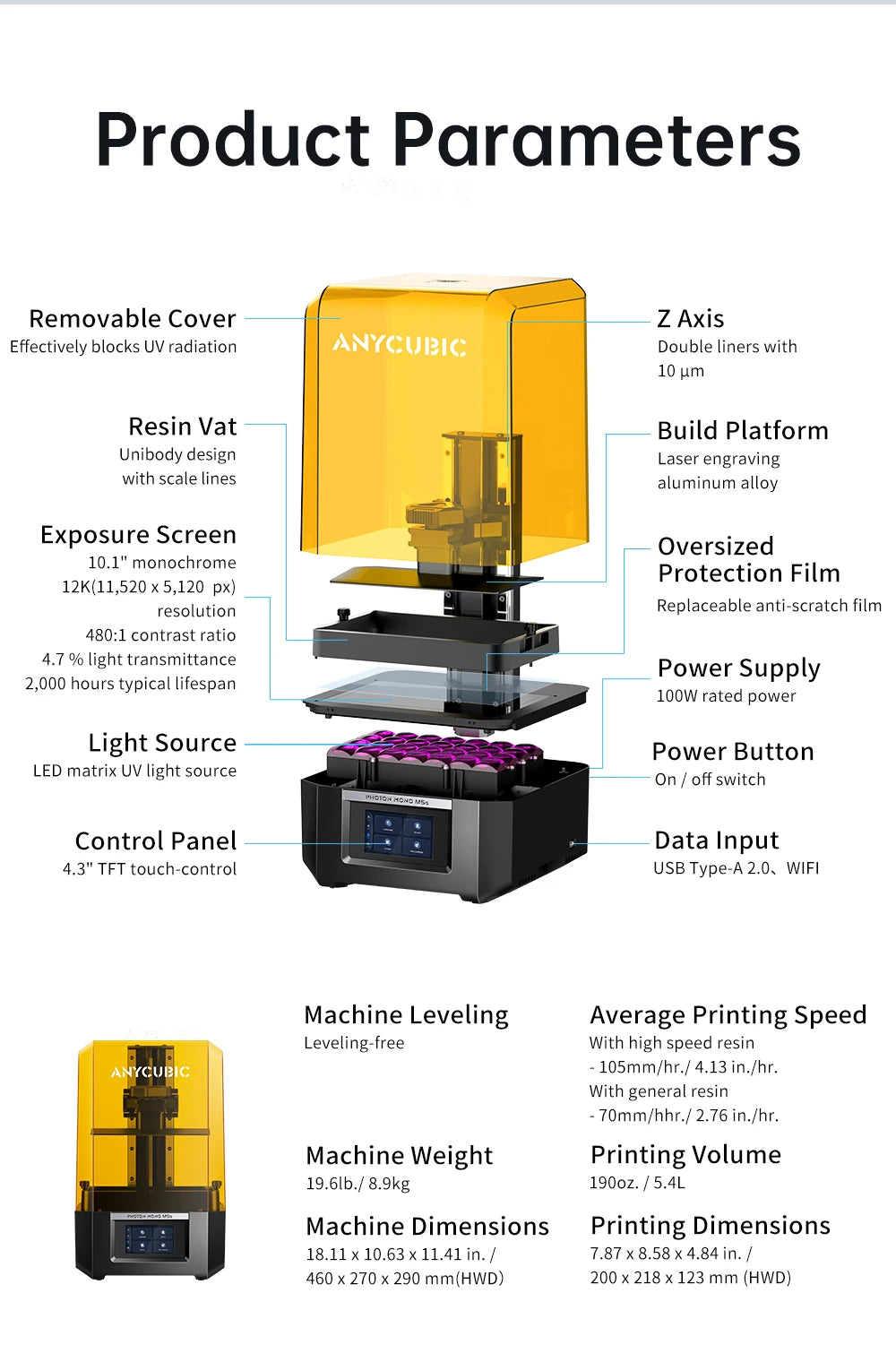 Anycubic Photon Mono M5 12K 3d Printer 10.1 Inch UV LCD Dual Lead Screw Linear Rails Printing size of 11.41*10.63*18.11 Inch