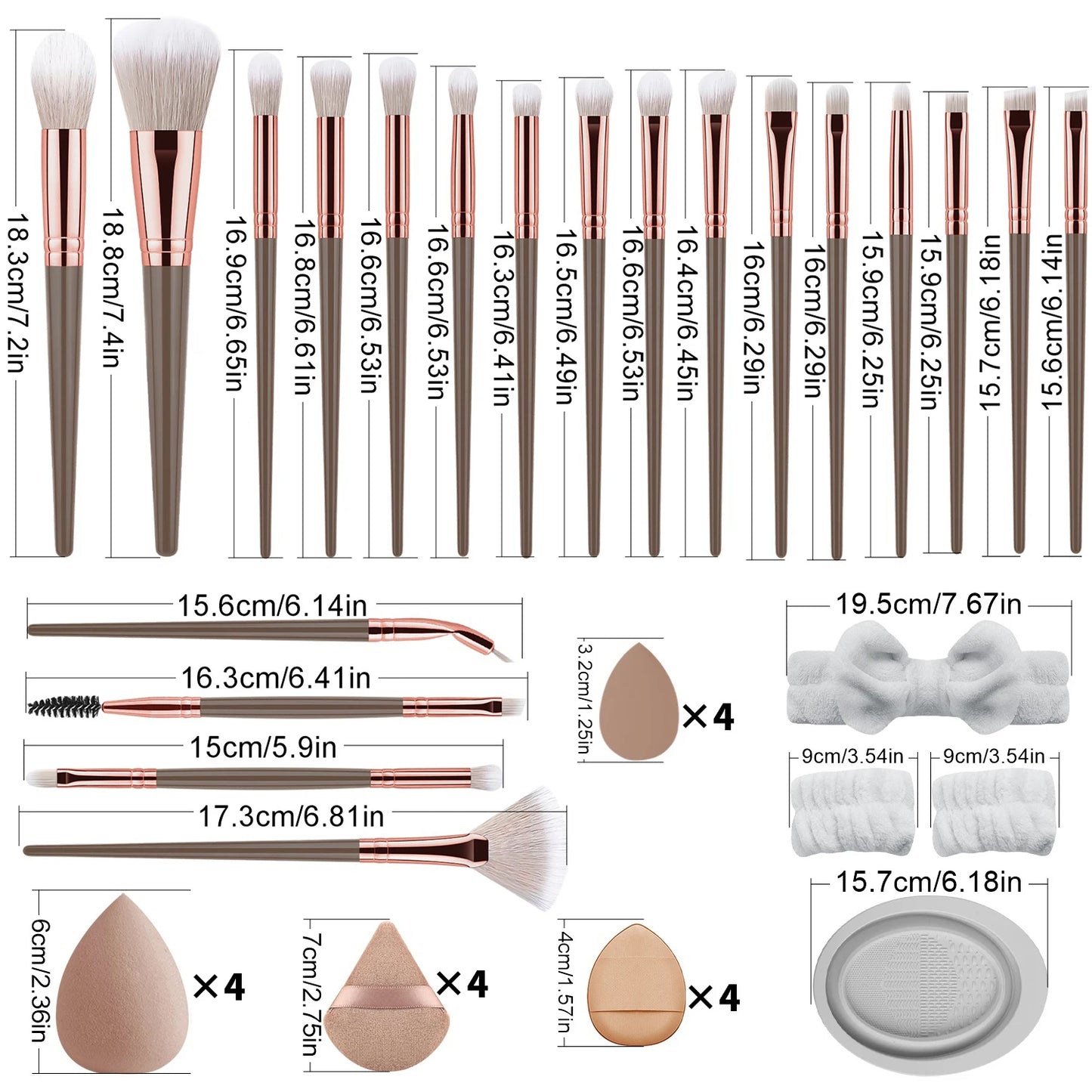 40-piece makeup tool set - 20-piece makeup tools + 16-piece powder puff set + dishwashing, hairband and wristband