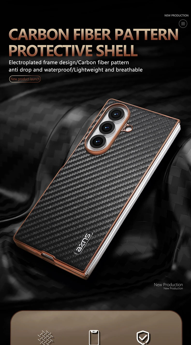 AZNS Luxury Plating Carbon Fiber Pattern Case for Galaxy Z Fold 7 Fold 6 Fold 5 Fold 4 Z Fold 3 Electroplated Protective Cover