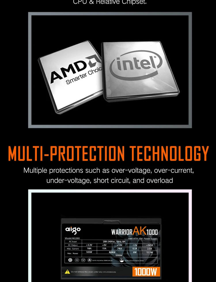 Aigo AK PC PSU Power Supply Unit 500W 600W 700W 800W 1000W Gaming 120mm RGB Fan 220V ATX Desktop computer Power Supply for BTC