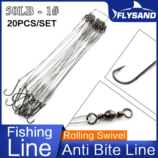FLYSAND Anti Bite Steel Fishing Line Steel Wire Leader WIth #1 Hook With Swivel 50LB 20Pcs/Bag 3 Colors Fishing Tackle Gear