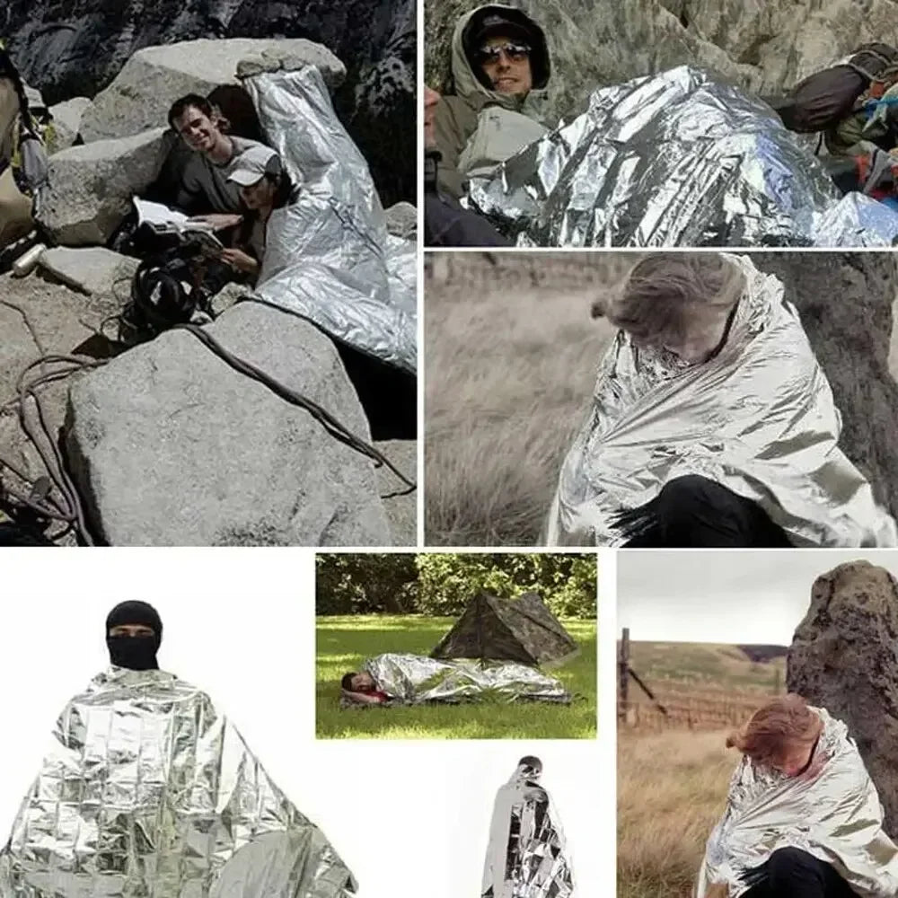Emergency Thermal Poncho Blanket Lightweight Water-Resistant Windproof Sunshade Reusable First Aid Mat Pad Cover for Camping