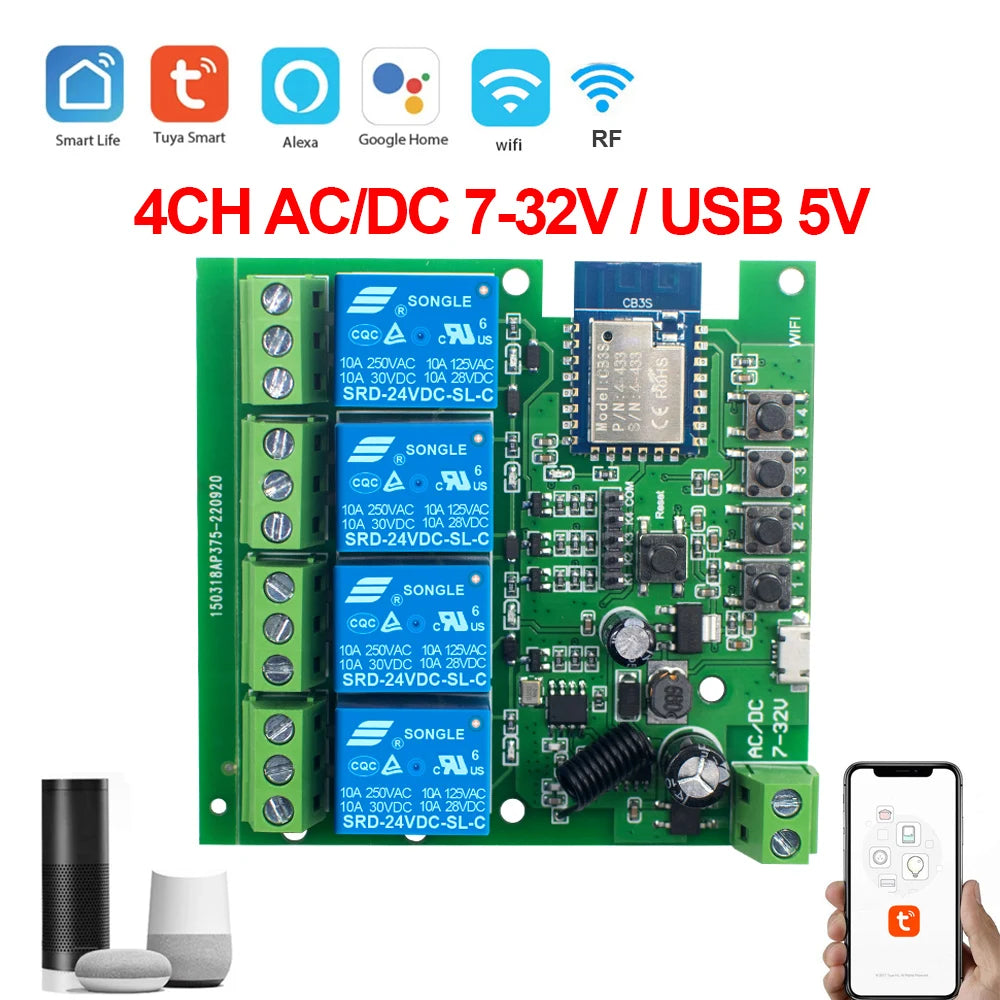 Tuya Smart 4 Channel WiFi RF Momentary Inching Relay Self-Lock Switch Module,DIY WiFi Garage Door Controller, Alexa Google Home