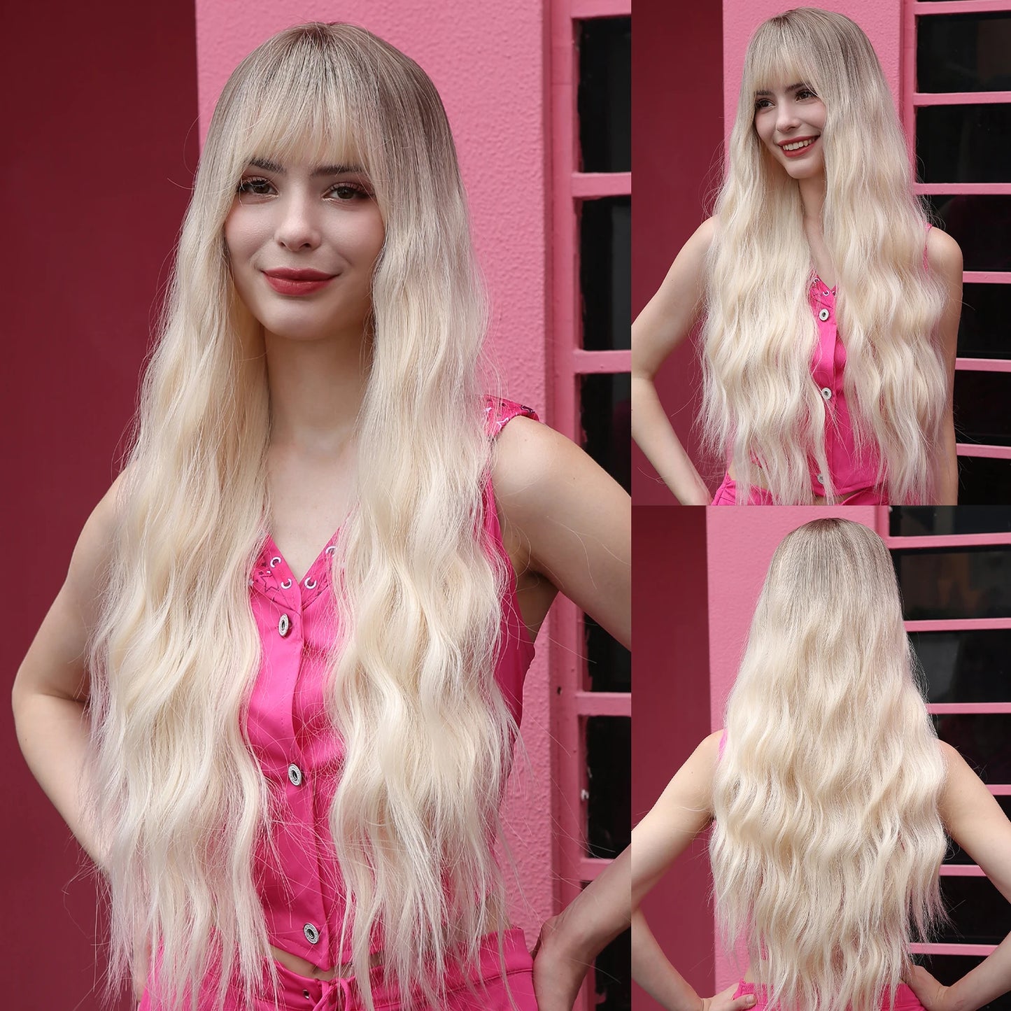 Long Body Wave Synthetic Wigs with Bangs Brown to Platinum Ombre Hair Wig for Women Daily Use High Temperature Cosplay Party Wig