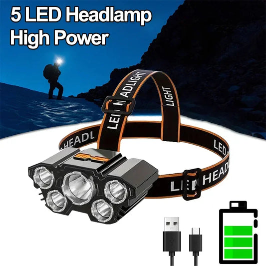 5 LED Headlamp Powerful USB Rechargeable Lamp Head Flashlight Fishing Camping Torch Lantern Built-in Battery Waterproof