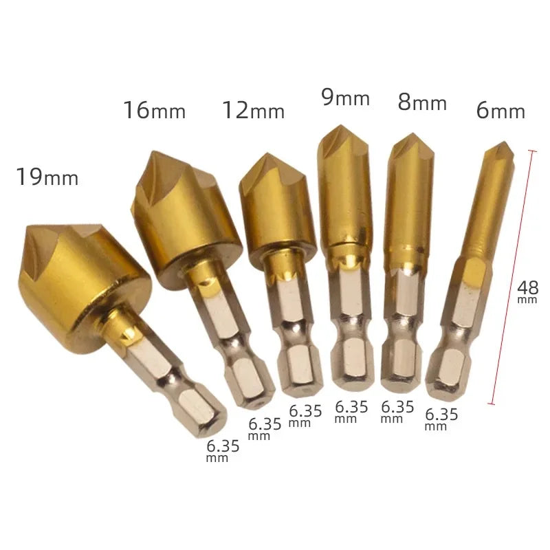 6PCS Hexagon Shank Titanium-Plated Five Flute Chamfering Cutter 1/4'' Hexagon Shank Reaming Chamfer 12mm16mm19mm Punching Tool