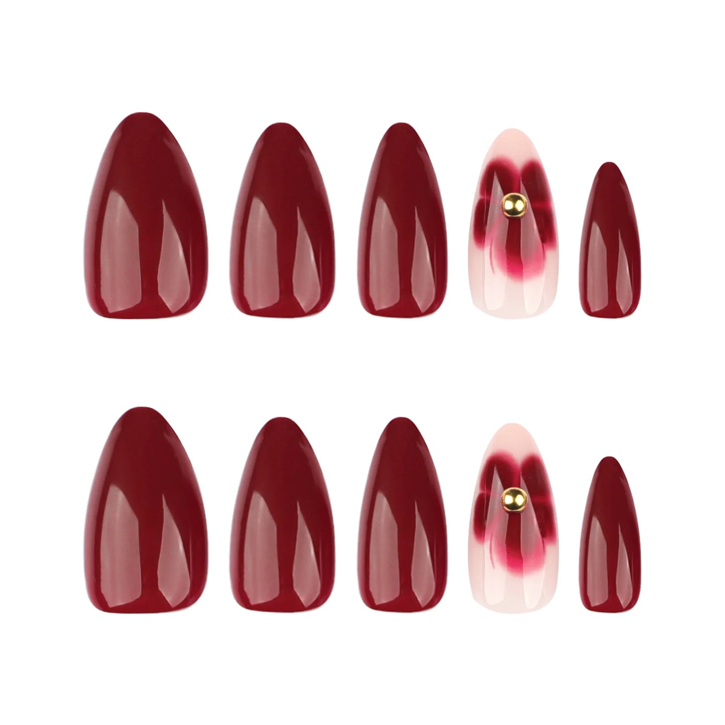 24pcs Women'S Nail Set Burgundy Almond Shape Medium Length Solid Color with Floral Golden Dust Design Fake Nails for Women/Girls
