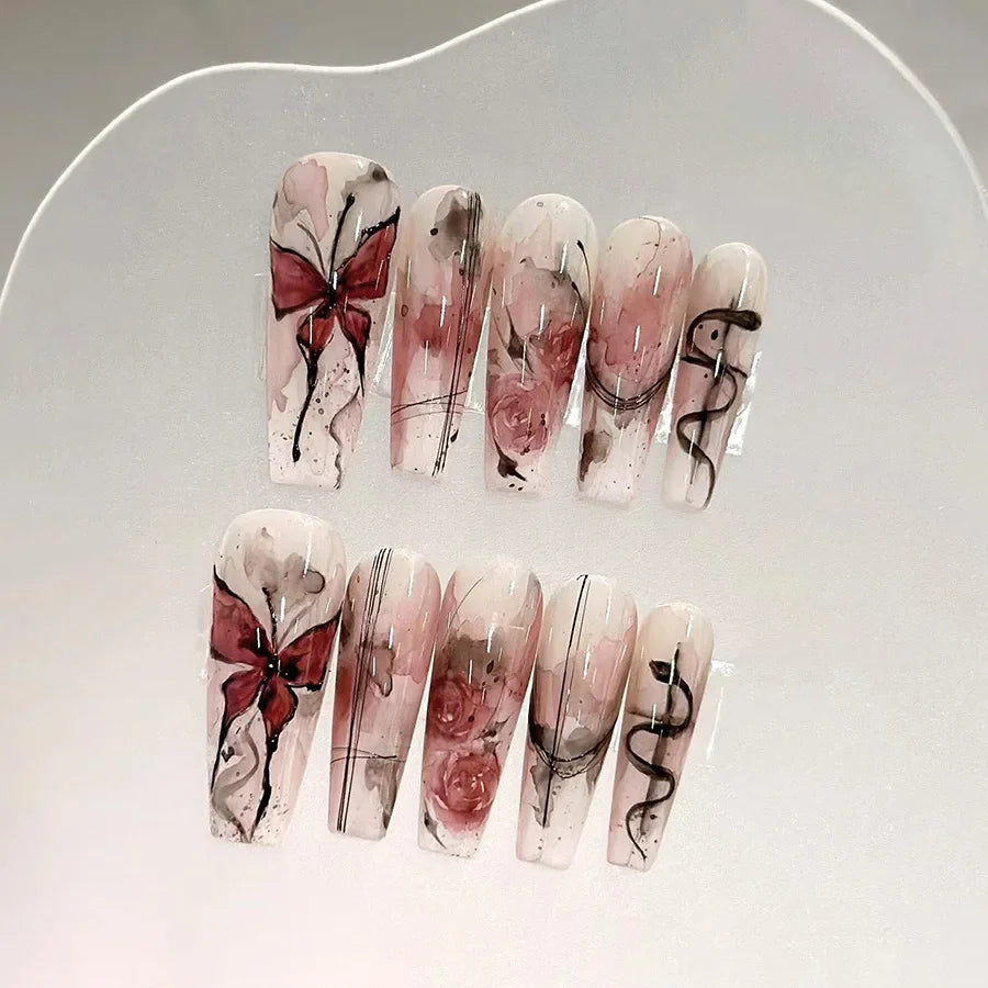 Watercolor Rose Fake Nail with Jelly sticker Press on False Nails Wearable Round Head Oval Full Cover Nail Tips
