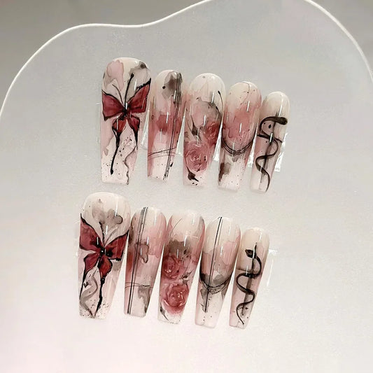 Watercolor Rose Fake Nail with Jelly sticker Press on False Nails Wearable Round Head Oval Full Cover Nail Tips