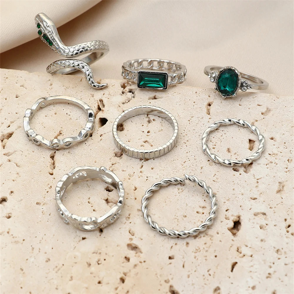 8Pcs/Set Ins Style Vintage Faux Gemstone Snake Twist Ring For Women Retro Ocean Wave Geometric Setting Rhinestone Ring Set