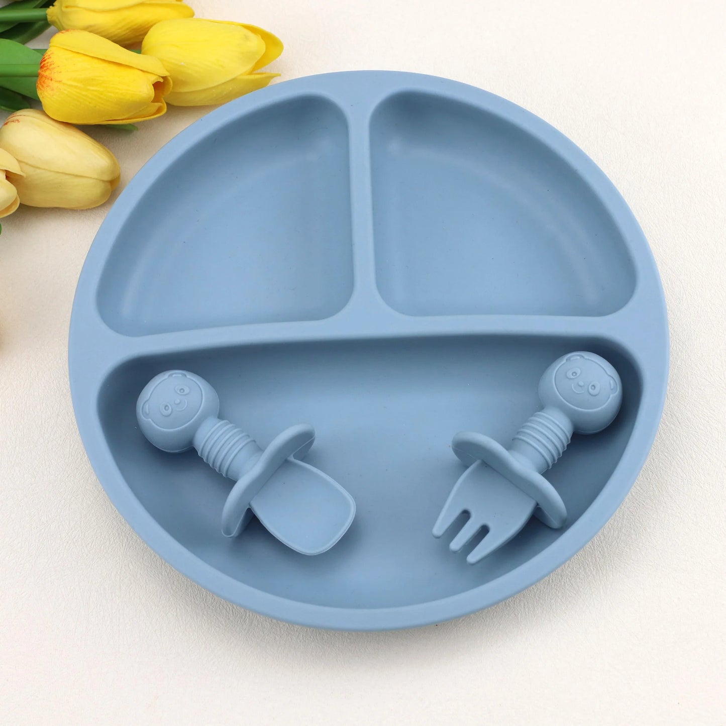 3pcs baby silicone tableware set, complementary food feeding plate, strong suction, cartoon short spoon fork, easy to grip