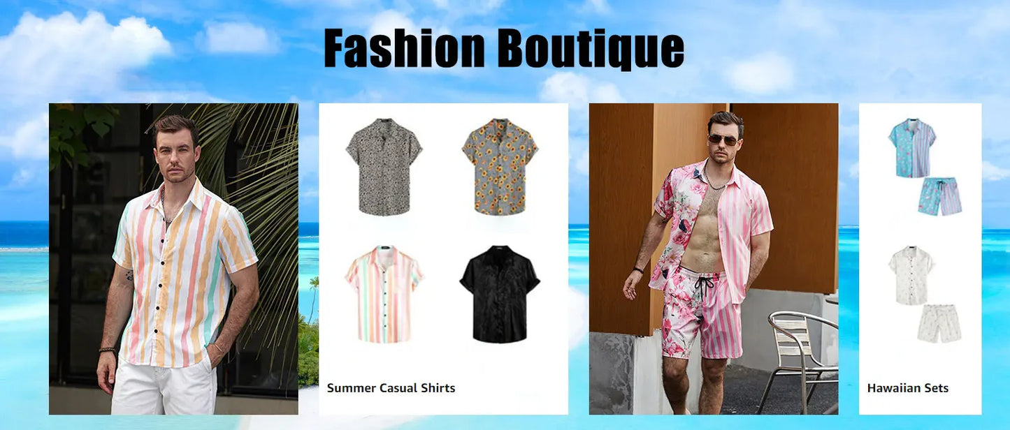 Men's New Hawaiian Short-Sleeved Shirt Shorts Set Summer Daily Travel Shirt Beach Casual Drawstring Shorts Jungle Print Set