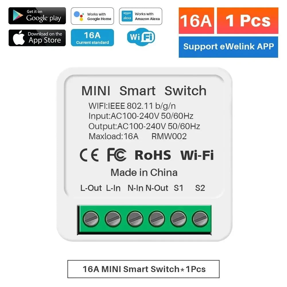 EWeLink WIFI Smart Switch DIY Module Wireless Voice Control 16A Mini DIY Light Breaker 2 Way Control Switch Alexa Google Home