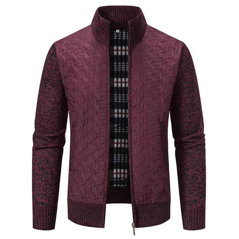 Mens Sweaters Jacket Full Zip Fleeced Sweater Cardigan Plaid Stand Collar Sweaters Coat Autumn Winter Homme Clothes