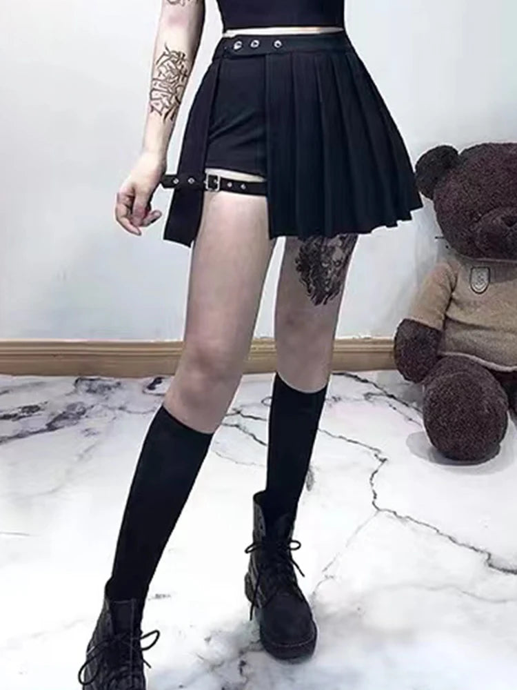AltGoth Punk Mall Goth Shorts Skirt Women Y2k E-girl Streetwear Harajuku Leg Ring Buckle Detachable High Waist Emo Alt Clubwear
