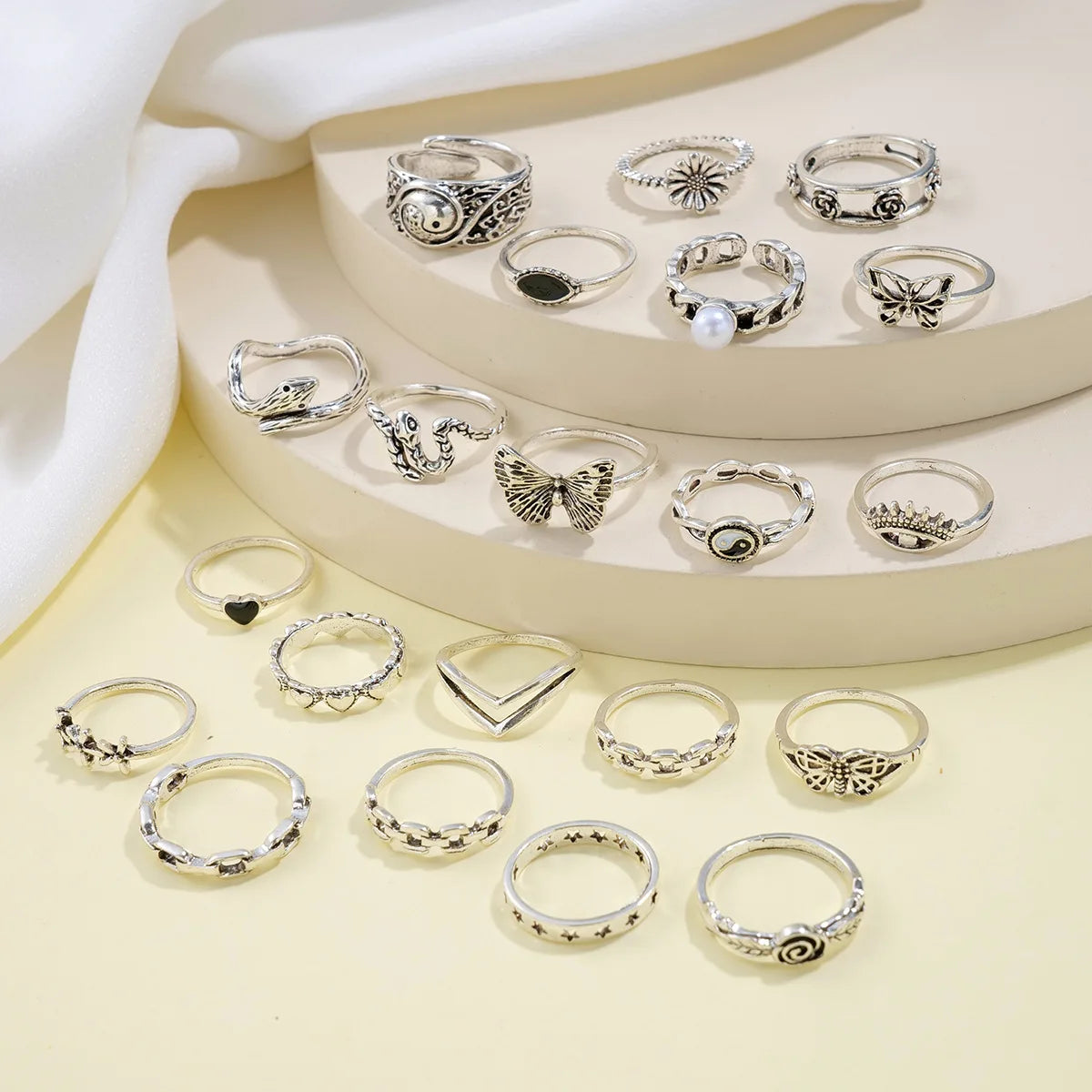 21pcs/set Punk Gothic Butterfly Snake Heart Rings Set for Women Men Vintage Simple Metal Geometric Finger Rings Party Jewelry