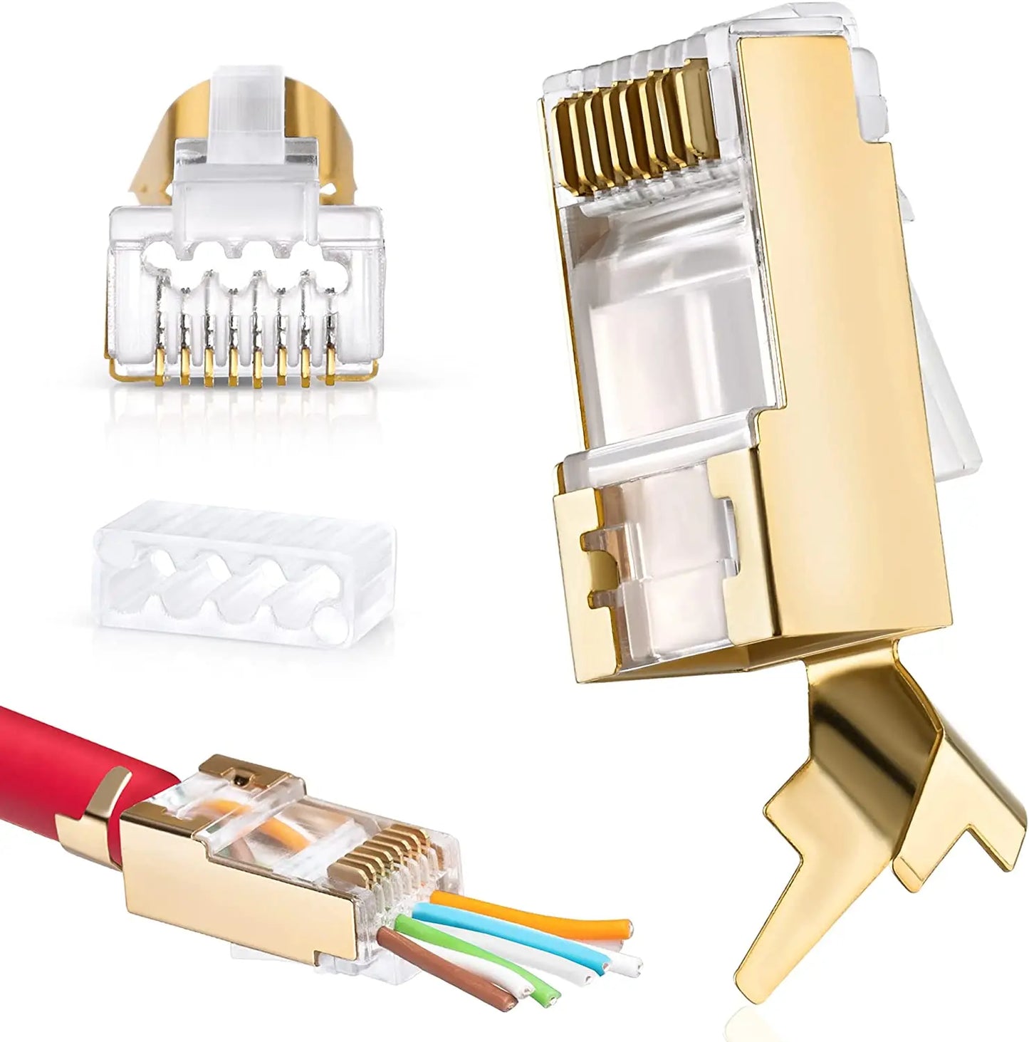 10pcs Shielded RJ45 Cat6A Cat7 Pass Through connectors - 3 Prong 8P8C Gold Plated 2-Piece Pass Through Modular Data Plug