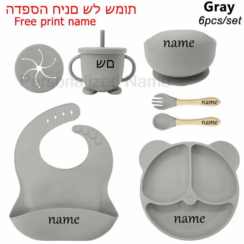 Baby Feeding Plate Sets Suction Bowl Silicone Plate For Kids 6Pcs Children Tableware Personalized Name Dinner Dishes Cups Spoon