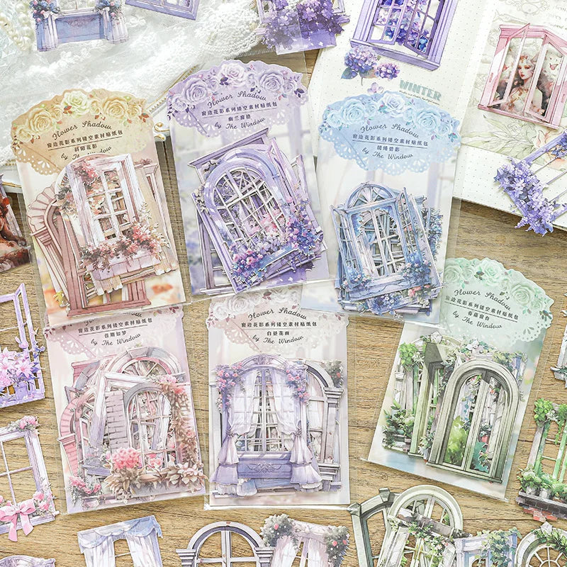 JIANQI 10 Sheets Window Flower Shadow Series Vintage Hollow Material Collage Sticker Creative DIY Journal Stationery