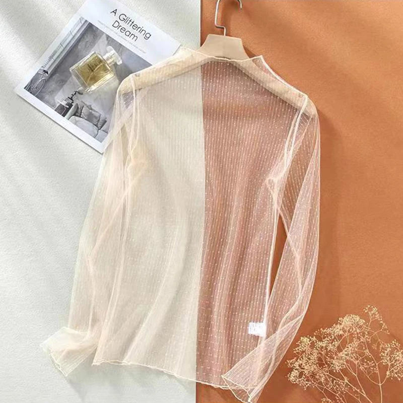 Sexy Women T Shirt See Through Mesh Blouses Long Sleeve Bottoming Shirts Turtleneck Spring Summer Sunscreen Tops Punk Club Tees