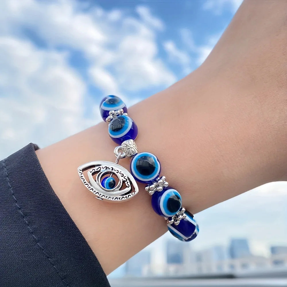 Retro Blue Evil Eye Bracelet for Women Wishing Lucky Handmade Elastic Bracelet for Men and Women Friendship Jewelry Gift