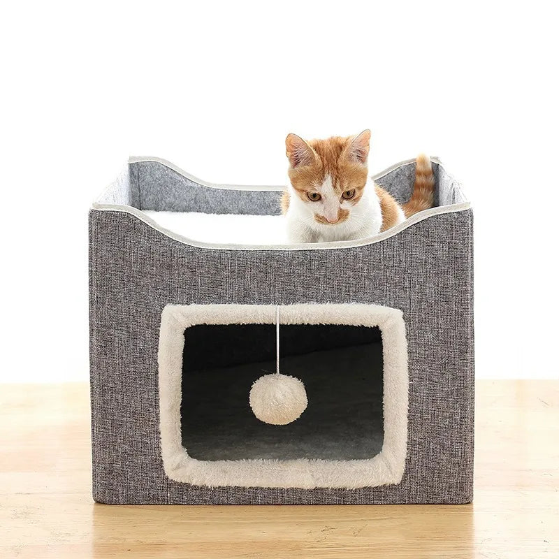 Luxury Cat Tree Bed with Scratching Post - Dual-Level 4-Season Pet Furniture, Organic Bamboo Base & Orthopedic Cushion