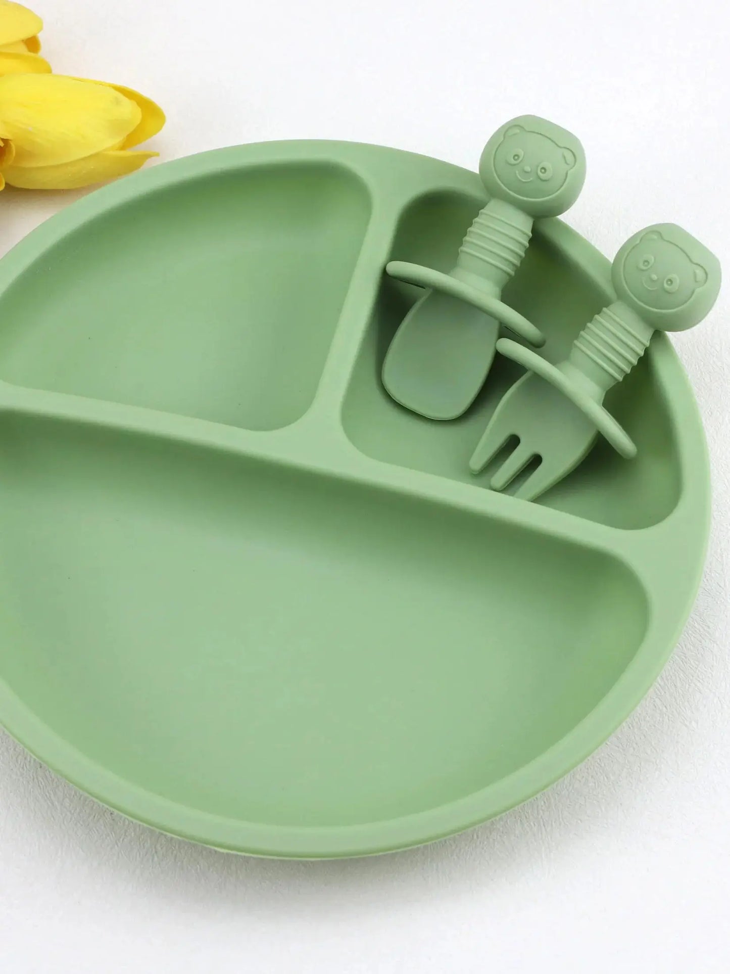 3pcs baby silicone tableware set, complementary food feeding plate, strong suction, cartoon short spoon fork, easy to grip