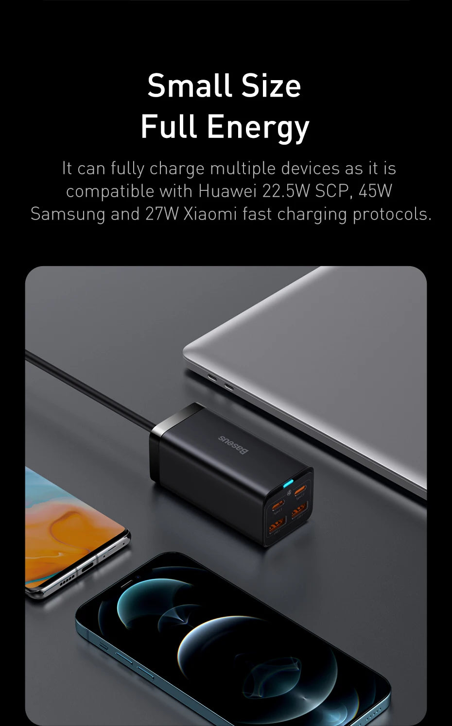 Baseus GaN3 100/ 65W Desktop Charger Quick Charge QC 3.04.0 USB C Type C Phone Charger For iPhone15 Huawei Xiaomi MacBook Laptop