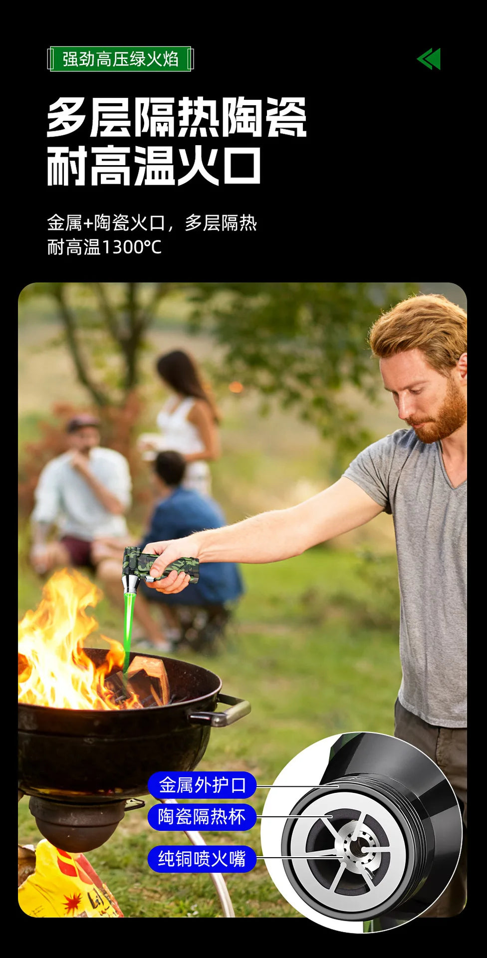Outdoor Multifunctional Green Flame Butane Torch Lighter Three in One Whistle Lifesaving Whistle and Compass Welding Gun Lighter