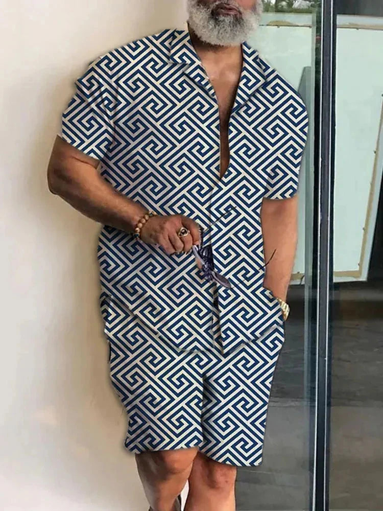 Summer Men's Short-sleeved Shirts Loose Drawstring Shorts New Fashion Cashew Flower Pattern Shirt Shorts Two-piece Men's Suit