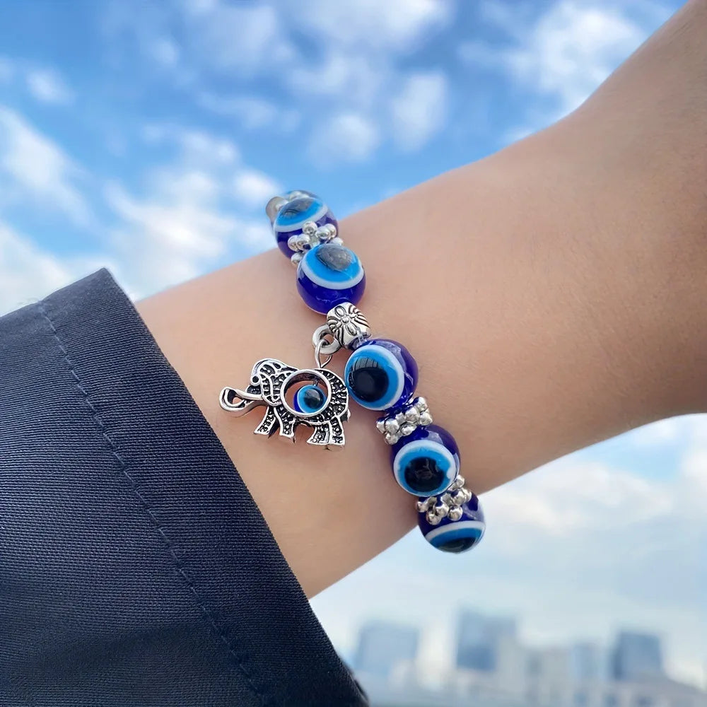 Retro Blue Evil Eye Bracelet for Women Wishing Lucky Handmade Elastic Bracelet for Men and Women Friendship Jewelry Gift