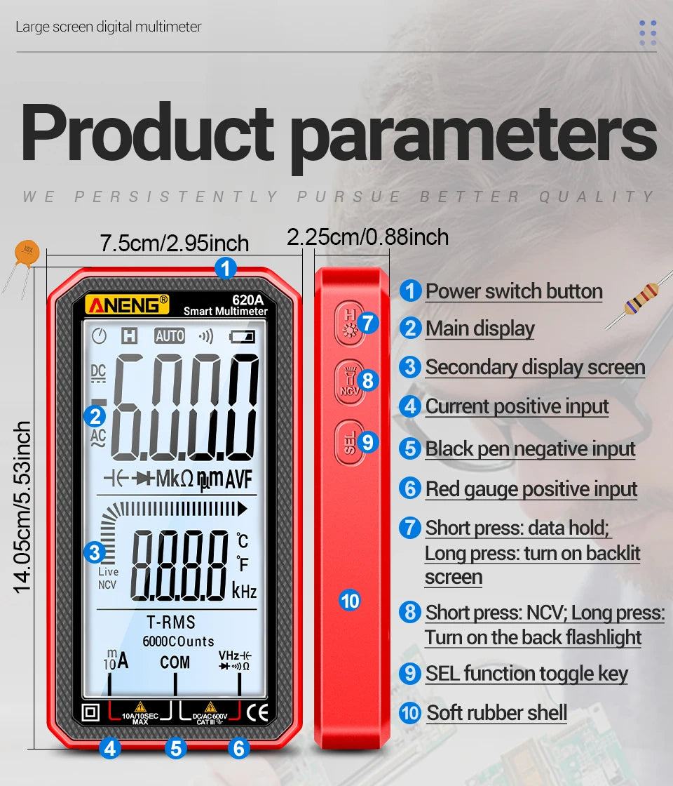 ANENG 620A High Precision Counts Auto Resistance Tester Digital Multimeter True RMS 6000 Manual Ranging Voltage Current