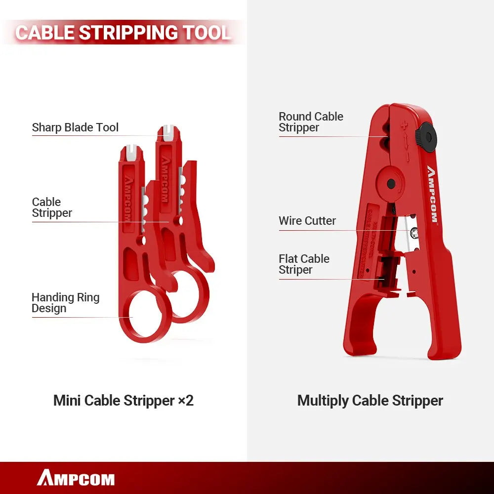 AMPCOM RJ45 Crimper Lan Tester Tool Set Ethernet Cable Stripper Punch Down Tool RJ 45 RJ11 Connectors 12 in 1 Cabling Repair Set