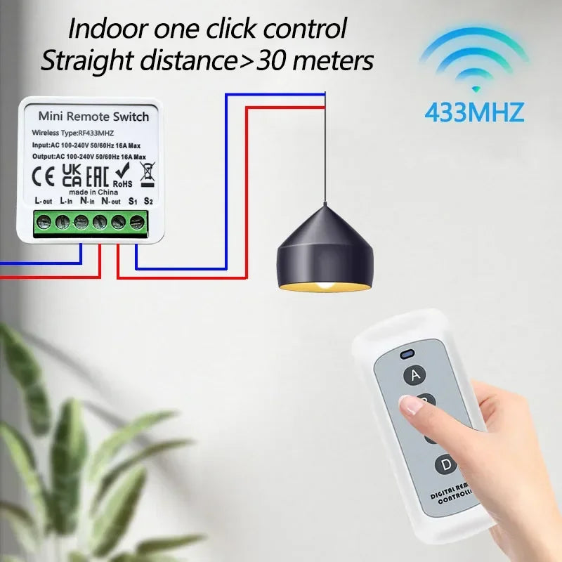 Smart Wireless Switch 433Mhz 16A 4Key RF Switch Module Remote Control AC 100V-240V Mini Relay Receiver Light Fan Garage Door