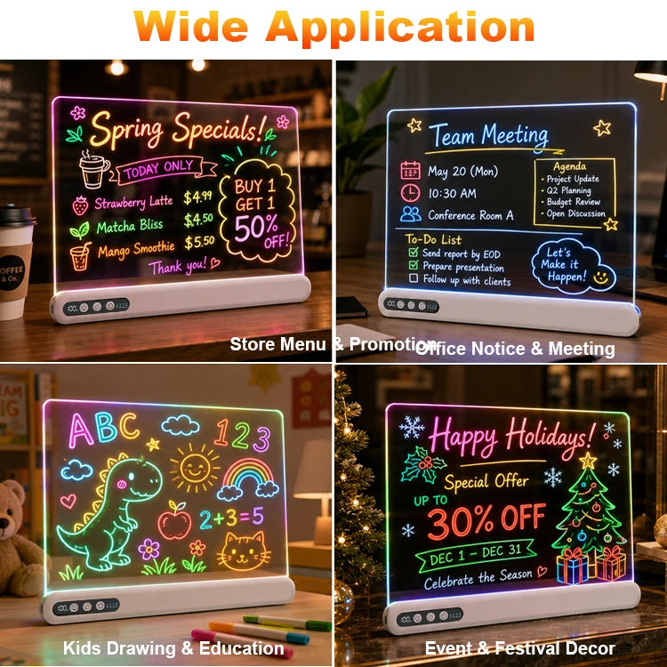 LED Drawing Board for Kids Rechargeable Light-Up Acrylic Neon Board with Timer and Built-in Stand Digital Battery