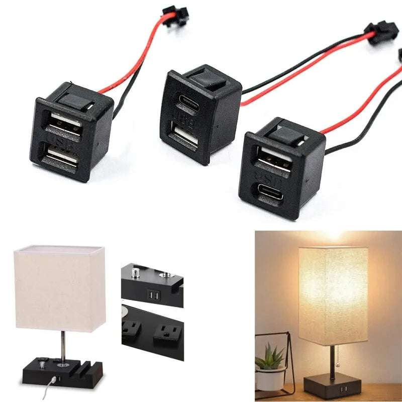 1Pcs Black Double Layer Usb Female Base Type-C Socket and Female Usb Lamp Charging Socket Power Socket With Cable Connector
