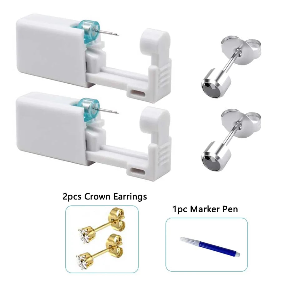 2PCS Disposable Ear Piercing Gun with Built-in Ear Studs & 2pcs Cubic Zirconia Earrings-For Home Use Ear Piercing Kit