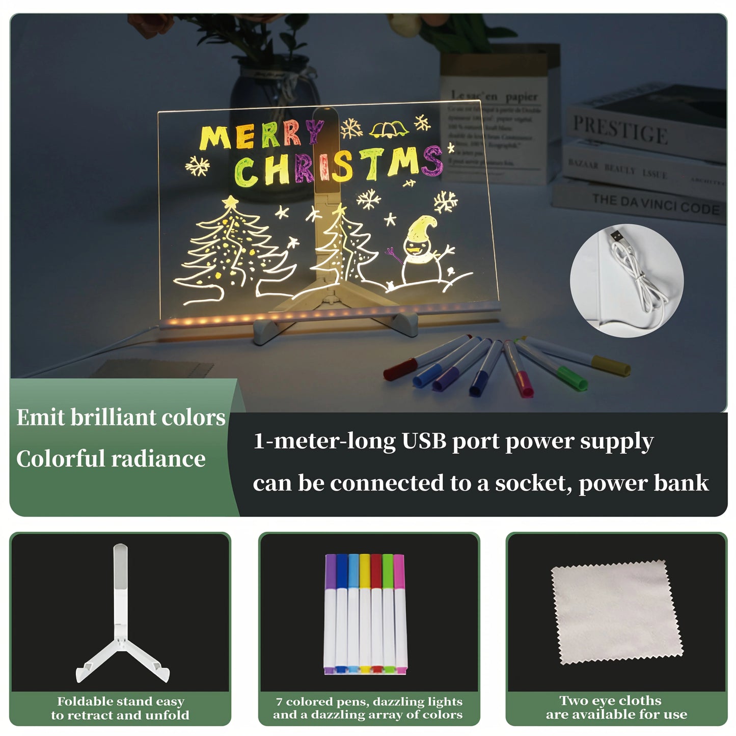 1Pc Led Light up Drawing Board, Erasable Acrylic Message Board with 7-Color Pen&Night Light&Base Stand&Wipe Cloth,Usb Powered for Creative Activities, Reusable Doodle Board with Stand,Safe Non-Toxic Material,Acrylic Message B