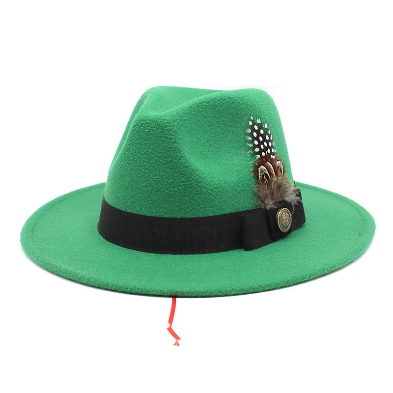 White Woolen Gentleman Classic British Jazz Feather Top Hat Wide Brim Party Church Wedding Fedora Hats Men Women Panama Felt Cap