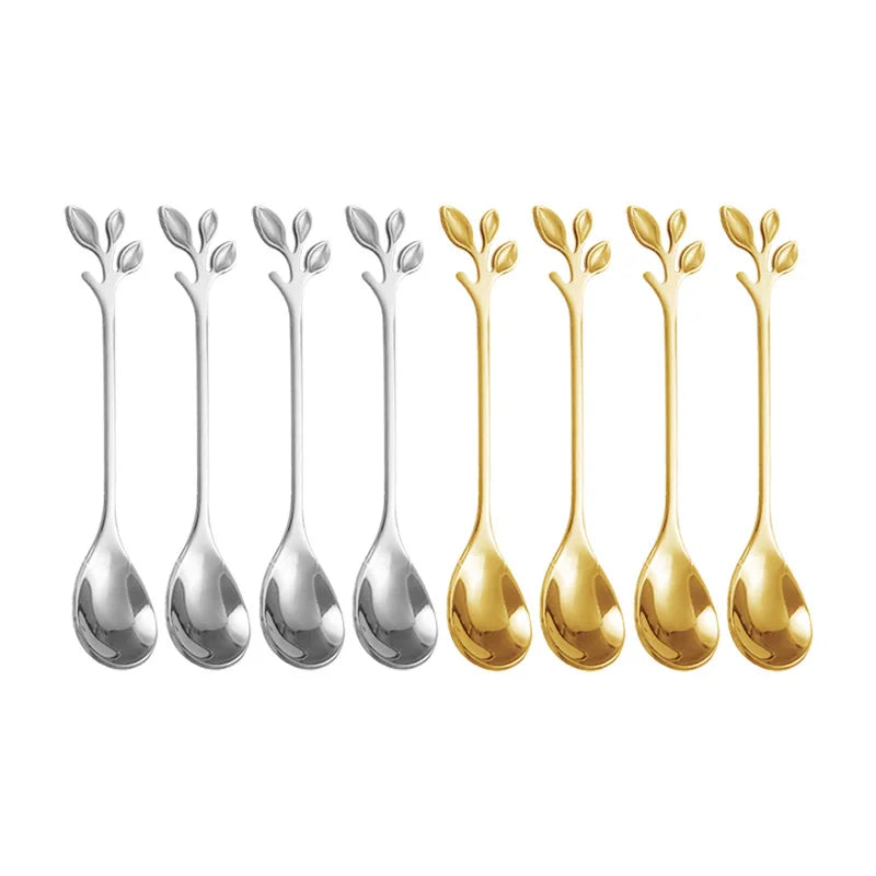 6PCS Creative Personality Stainless Steel Gold Spoons Tree Leaf Spoon Coffee Spoon Tea Spoon Home Restaurant Dessert Cutlery Set