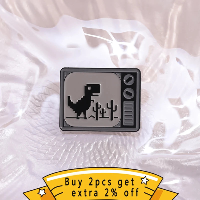 Dinosaur Pixel Games Mosaic Enamel Pins Custom 90's Retro TV Brooches Lapel Badges Cartoon Animal Jewelry Gift For Kids Friends