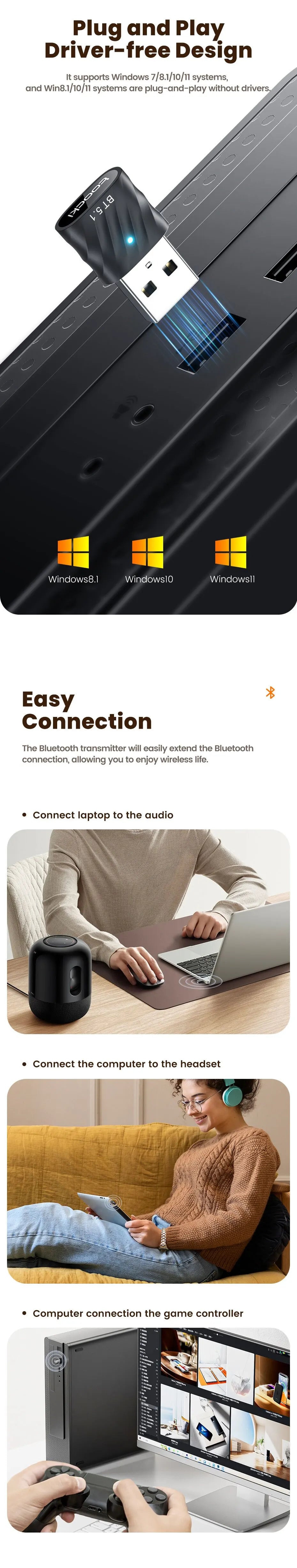 Toocki USB Bluetooth5.1 Car Adapter Dongle Audio Receiver Speaker For PC Speaker Wireless Mouse Earphone Keyboard Music Transmit